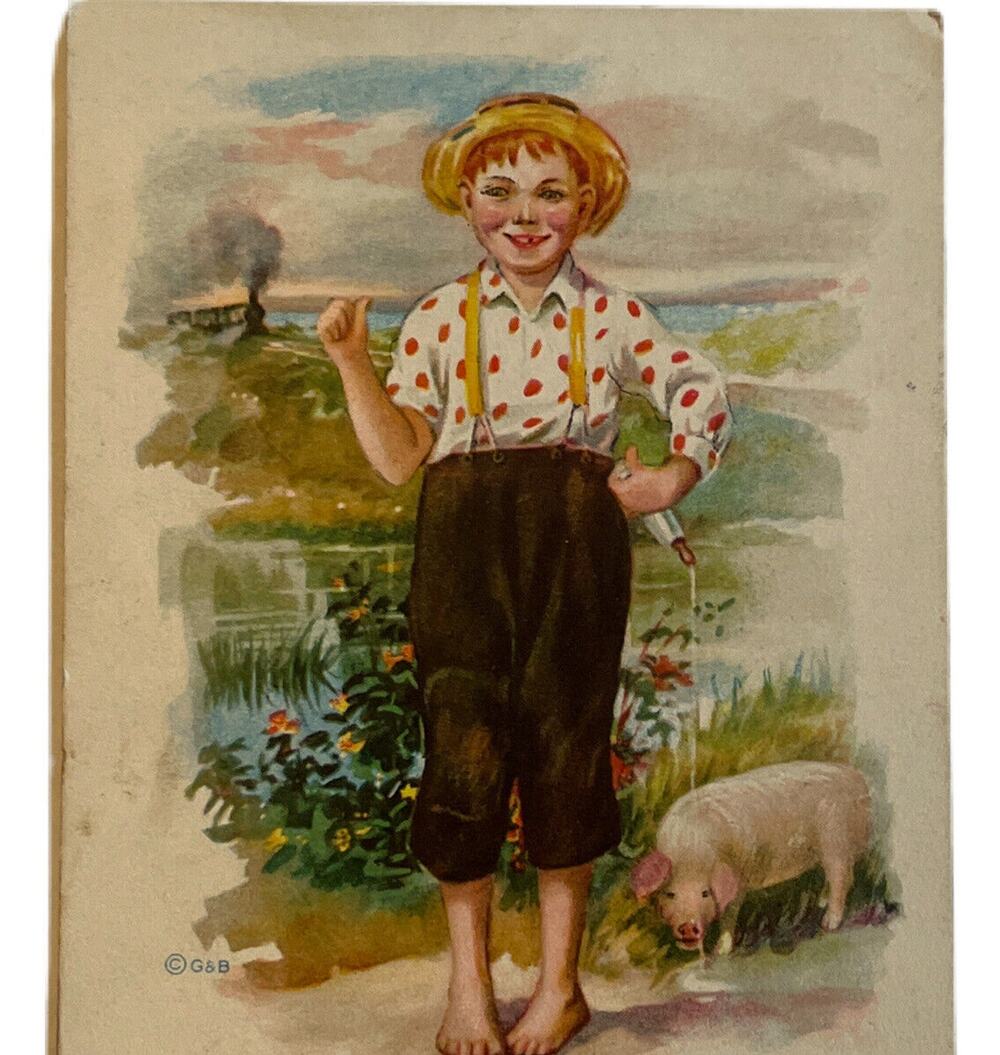 Antique 1916 Ephemera Gartner & Bender Postcard Sweet Countryside Train Boy Pig